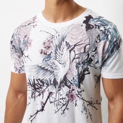 White Oriental floral print t-shirt